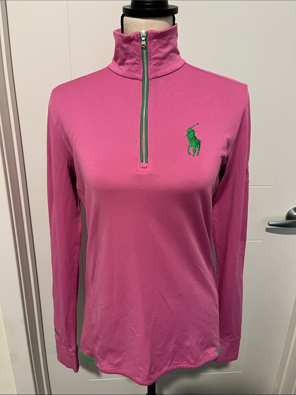 Ralph Lauren Golf Pink Long Sleeve Half-Zip Pullover with Green Logo Preppy